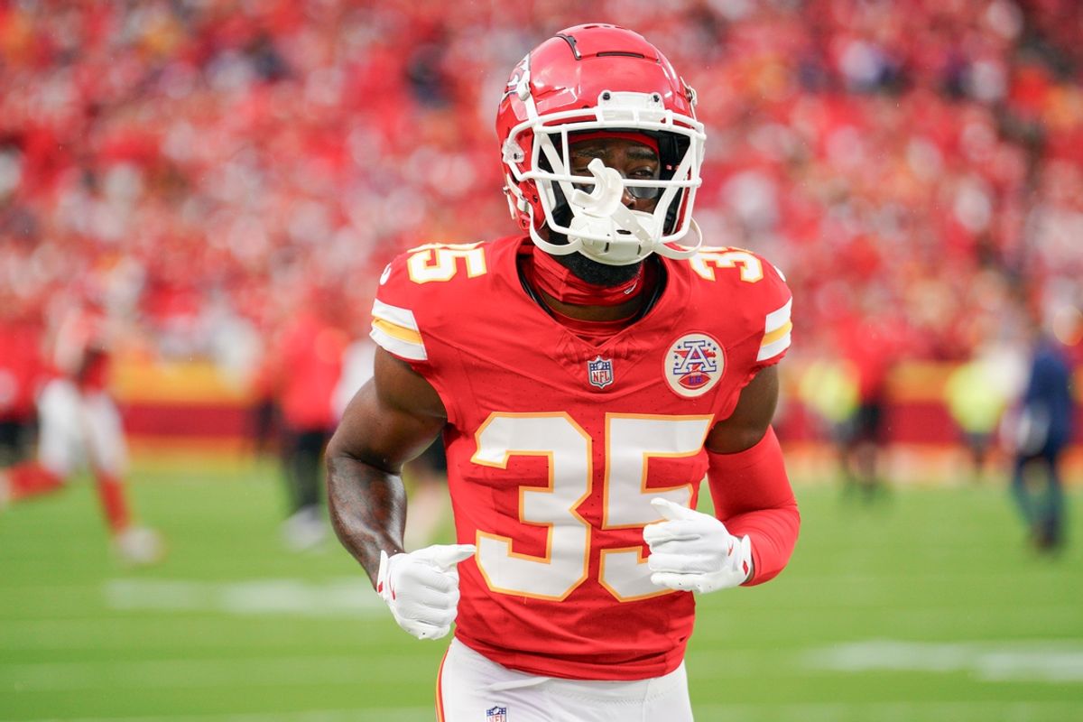 Sep 5, 2024; Kansas City, Missouri, USA; Kansas City Chiefs cornerback Jaylen Watson (35) runs on field against the Baltimore Ravens prior to a game at GEHA Field at Arrowhead Stadium. Mandatory Credit: Denny Medley-Imagn Images