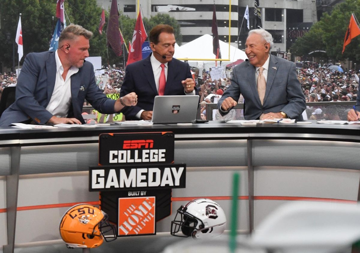 Pat McAfee Nick Saban, and Lee Corso fist bump before live broadcast during ESPN Gameday near Williams-Brice Stadium in Columbia, S.C.Saturday, September 14, 2024.