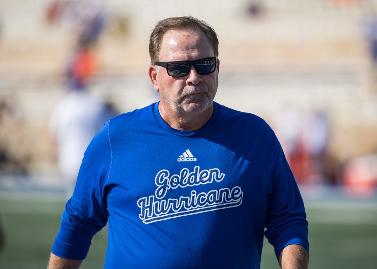 Sep 14, 2024; Tulsa, Oklahoma, USA;  Tulsa Golden Hurricane head coach Kevin Wilson during warmups before a game against the Oklahoma State Cowboys at Skelly Field at H.A. Chapman Stadium. Mandatory Credit: Brett Rojo-Imagn Images
