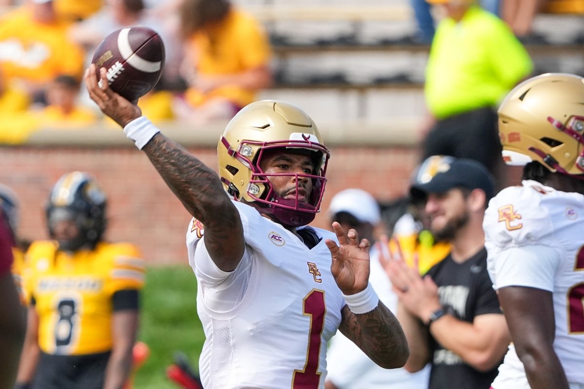 Sep 14, 2024; Columbia, Missouri, USA; Boston College Eagles quarterback Thomas Castellanos (1) warms up against the Missouri Tigers prior to a game at Faurot Field at Memorial Stadium. Mandatory Credit: Denny Medley-Imagn Images