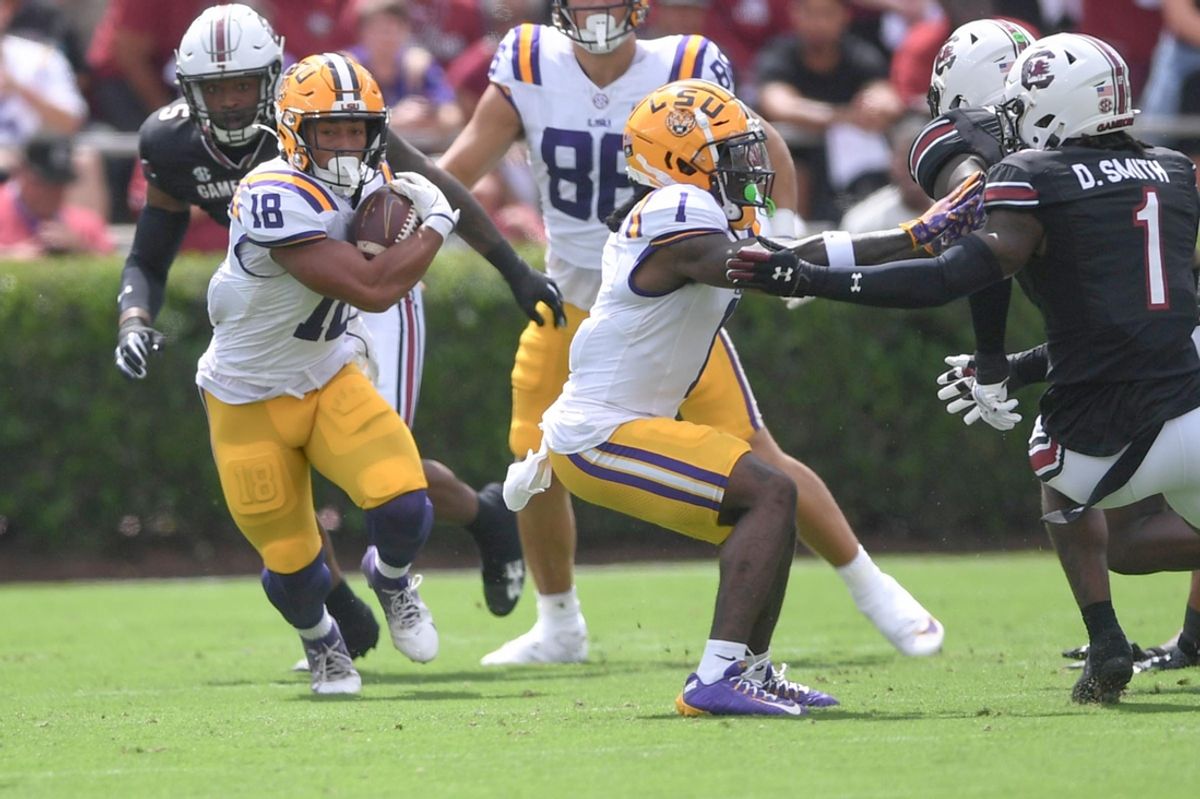 Louisiana State University running back Josh Williams (18) runs near South Carolina defensive back D.Q. Smith (1) during the first quarter at Williams-Brice Stadium in Columbia, S.C. Saturday, September 14, 2024.