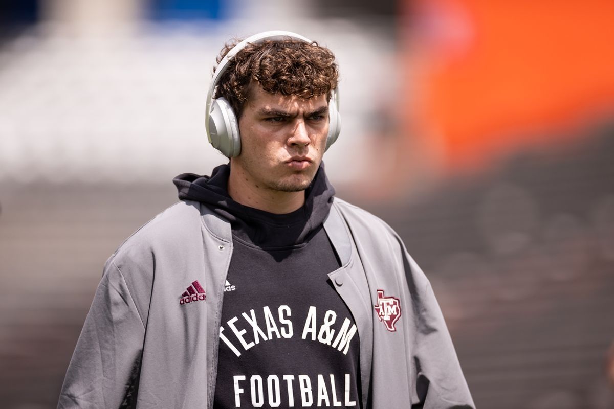 Sep 14, 2024; Gainesville, Florida, USA; Texas A&M Aggies quarterback Conner Weigman (15) walks the field before a game against the Florida Gators at Ben Hill Griffin Stadium. Mandatory Credit: Matt Pendleton-Imagn Images
