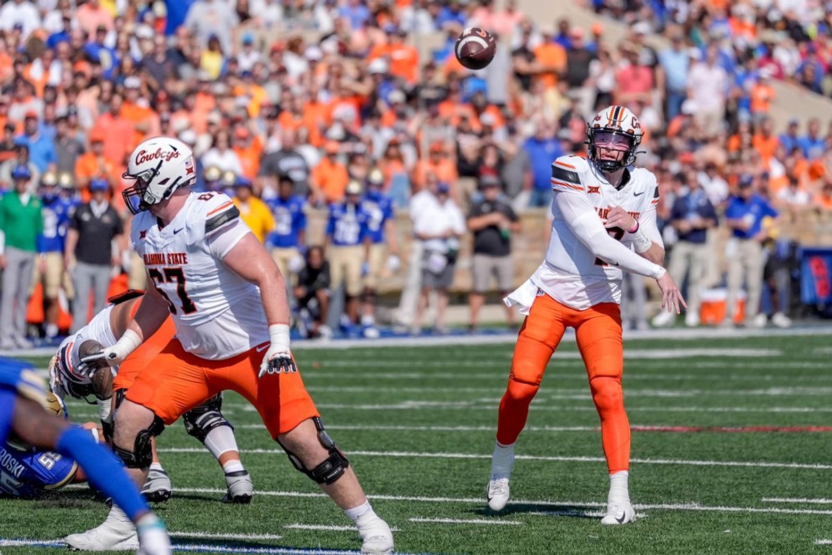 Oklahoma State quarterback Alan Bowman (7) passes the ball in the first half during an NCAA football game between Oklahoma State and Tulsa in Tulsa, Okla., on Saturday, Sept. 14, 2024.