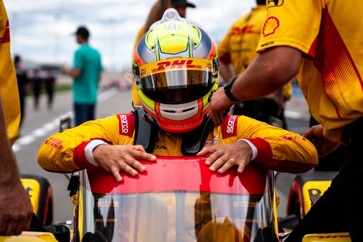 NTT IndyCar Series driver Alex Palou gets in his car before qualification for the Music City Grand Prix at Nashville Superspeedway in Lebanon, Tenn., Saturday, Sept. 14, 2024.