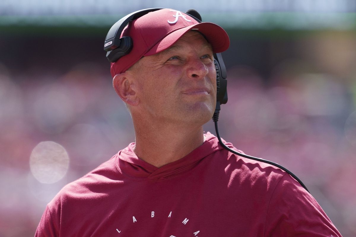 Sep 14, 2024; Madison, Wisconsin, USA;  Alabama Crimson Tide head coach Kalen DeBoer looks on during the third quarter against the Wisconsin Badgers at Camp Randall Stadium. Mandatory Credit: Jeff Hanisch-Imagn Images