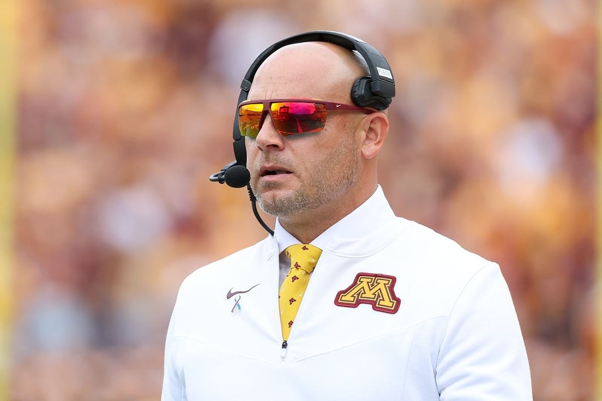 Sep 14, 2024; Minneapolis, Minnesota, USA; Minnesota Golden Gophers head coach P.J. Fleck looks on during the first half against the Nevada Wolf Pack at Huntington Bank Stadium. Mandatory Credit: Matt Krohn-Imagn Images