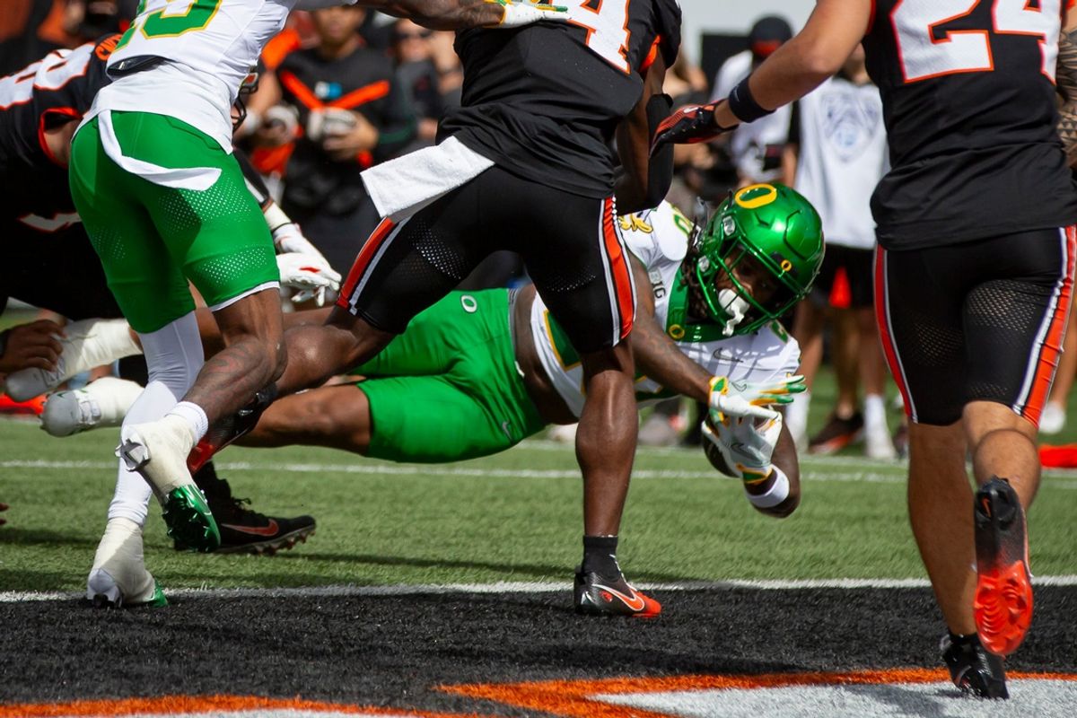 Oregon running back Jordan James dives into the end zone for a touchdown as the Oregon State Beavers host the Oregon Ducks Saturday, Sept. 14, 2024 at Reser Stadium in Corvallis, Ore.