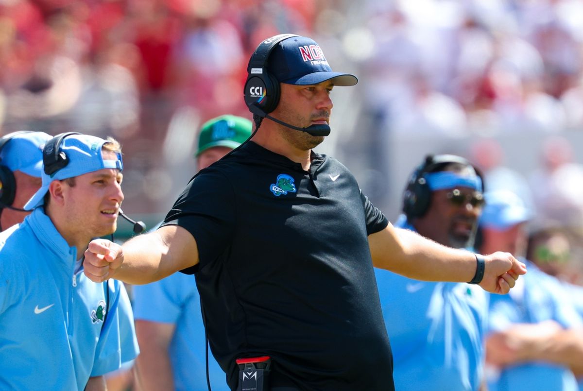 Sep 14, 2024; Norman, Oklahoma, USA;  Tulane Green Wave head coach Jon Sumrall reacts during the first half against the Oklahoma Sooners at Gaylord Family-Oklahoma Memorial Stadium. Mandatory Credit: Kevin Jairaj-Imagn Images
