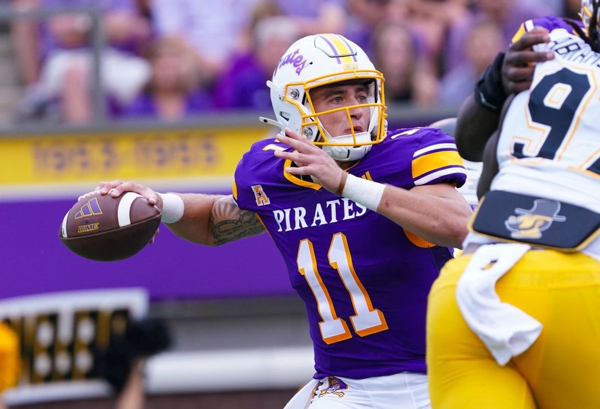 Sep 14, 2024; Greenville, North Carolina, USA;  East Carolina Pirates quarterback Jake Garcia (11) throws the ball against the Appalachian State Mountaineers during the first half at Dowdy-Ficklen Stadium. Mandatory Credit: James Guillory-Imagn Images