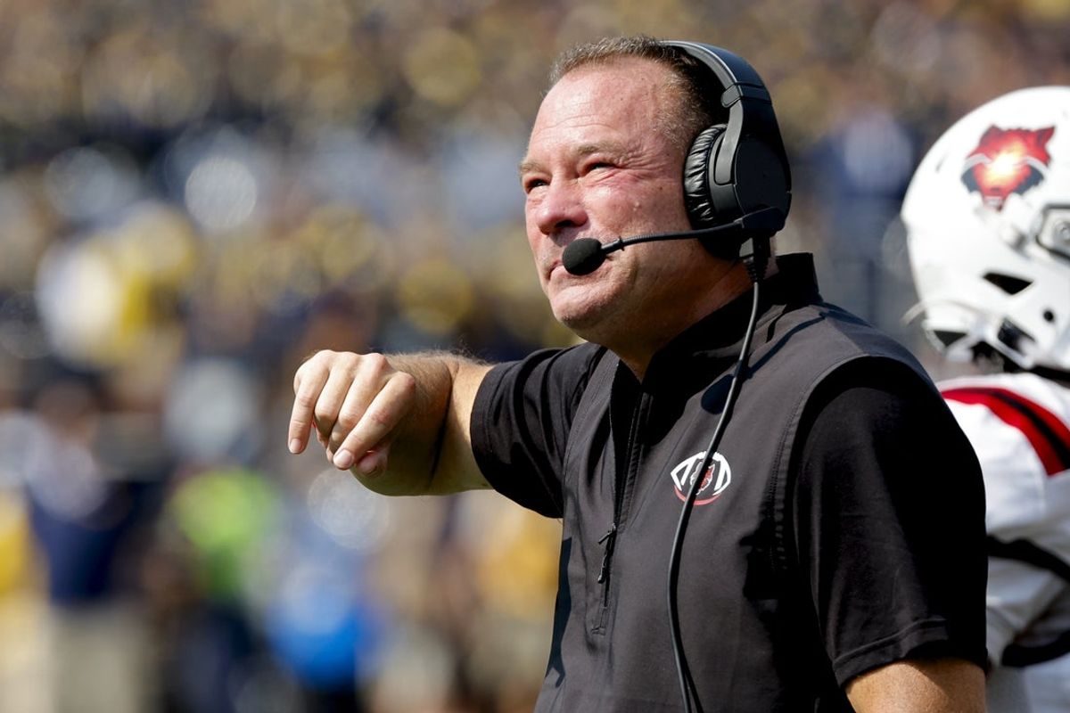 Sep 14, 2024; Ann Arbor, Michigan, USA;  Arkansas State Red Wolves head coach Butch Jones reacts on the sideline during the second half against the Michigan Wolverines at Michigan Stadium. Mandatory Credit: Rick Osentoski-Imagn Images