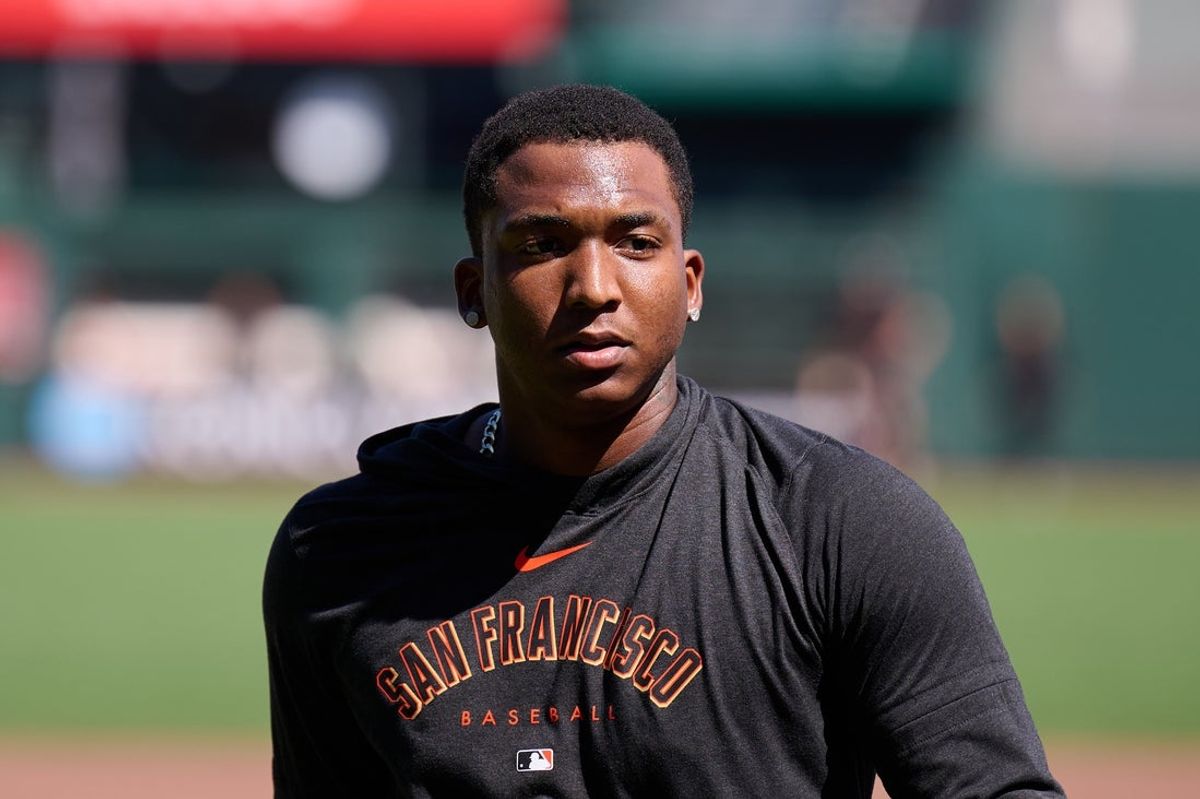 Sep 14, 2024; San Francisco, California, USA; San Francisco Giants infielder Marco Luciano (37) stands on the field during batting practice before a game between the San Francisco Giants and the San Diego Padres at Oracle Park. Mandatory Credit: Robert Edwards-Imagn Images