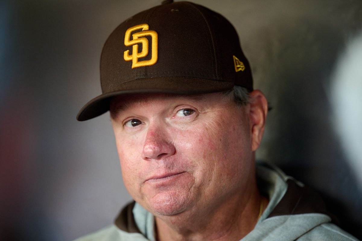 Sep 14, 2024; San Francisco, California, USA; San Diego Padres manager Mike Shildt (8) reacts to a reporter's question in the dugout before the game between the San Francisco Giants and the San Diego Padres at Oracle Park. Mandatory Credit: Robert Edwards-Imagn Images