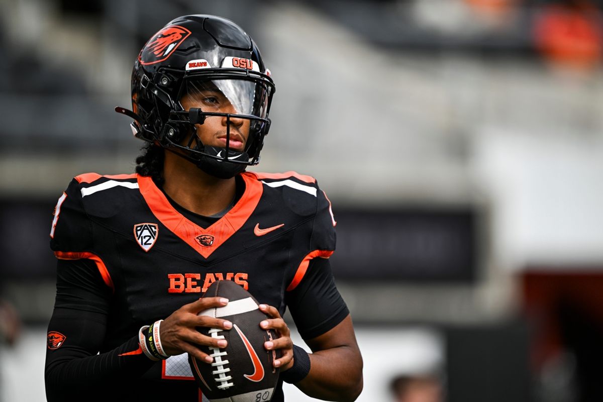 Oregon State Beavers quarterback Gevani McCoy (4) warms up before the annual rivalry game against the Oregon Ducks on Saturday, Sept. 14, 2024 at Reser Stadium in Corvallis, Ore.