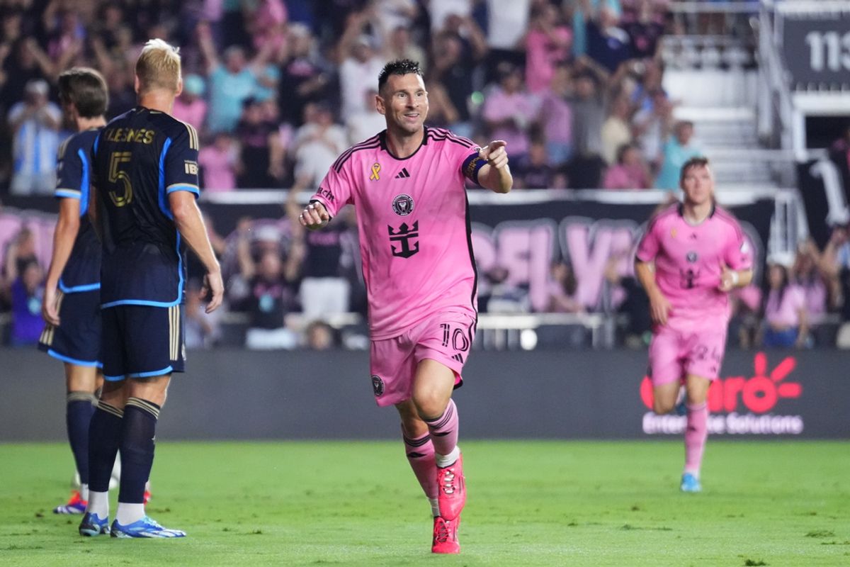 Sep 14, 2024; Fort Lauderdale, Florida, USA; Inter Miami forward Lionel Messi (10) celebrates a goal in the first half against the Philadelphia Union at Chase Stadium. Mandatory Credit: Rich Storry-Imagn Images