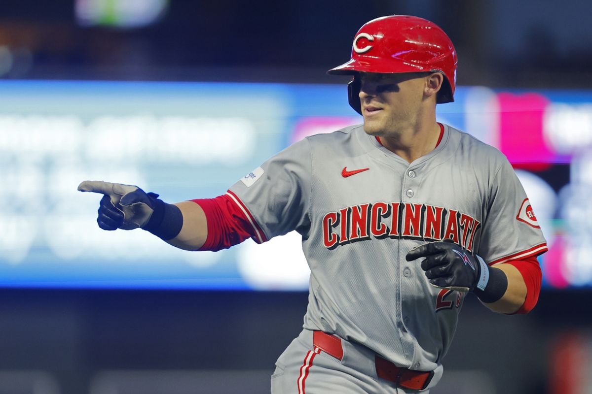 Sep 14, 2024; Minneapolis, Minnesota, USA; Cincinnati Reds center fielder TJ Friedl (29) runs the bases and celebrates after hitting a two run home run against the Minnesota Twins in the fourth inning at Target Field. Mandatory Credit: Bruce Kluckhohn-Imagn Images