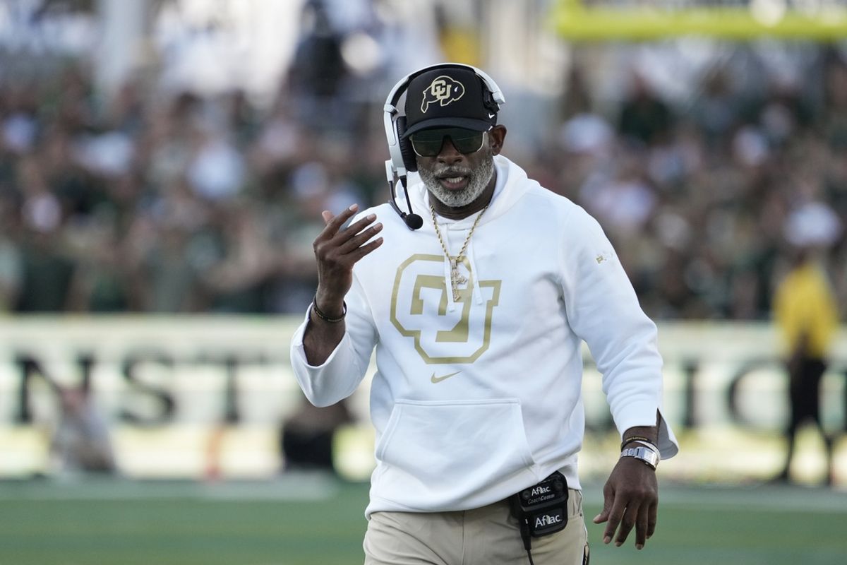 Sep 14, 2024; Fort Collins, Colorado, USA;  Colorado Buffaloes head coach Deion Sanders on the sidelines in the first quarter at Sonny Lubick Field at Canvas Stadium. Mandatory Credit: Michael Madrid-Imagn Images