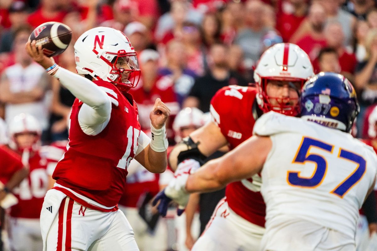 Sep 14, 2024; Lincoln, Nebraska, USA; Nebraska Cornhuskers quarterback Dylan Raiola (15) passes against the Northern Iowa Panthers during the second quarter at Memorial Stadium. Mandatory Credit: Dylan Widger-Imagn Images