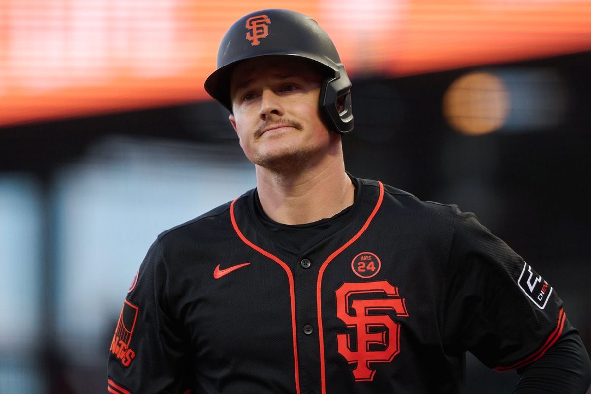 Sep 14, 2024; San Francisco, California, USA; San Francisco Giants infielder Matt Chapman (26) reacts after striking out against the San Diego Padres during the second inning at Oracle Park. Mandatory Credit: Robert Edwards-Imagn Images