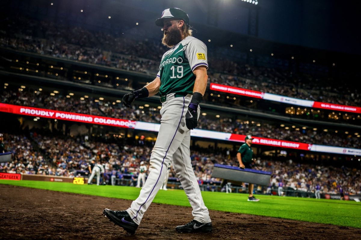 Sep 14, 2024; Denver, Colorado, USA; Colorado Rockies outfielder Charlie Blackmon (19) walks into the dugout during the game against the Chicago Cubs at Coors Field. Mandatory Credit: Chet Strange-Imagn Images