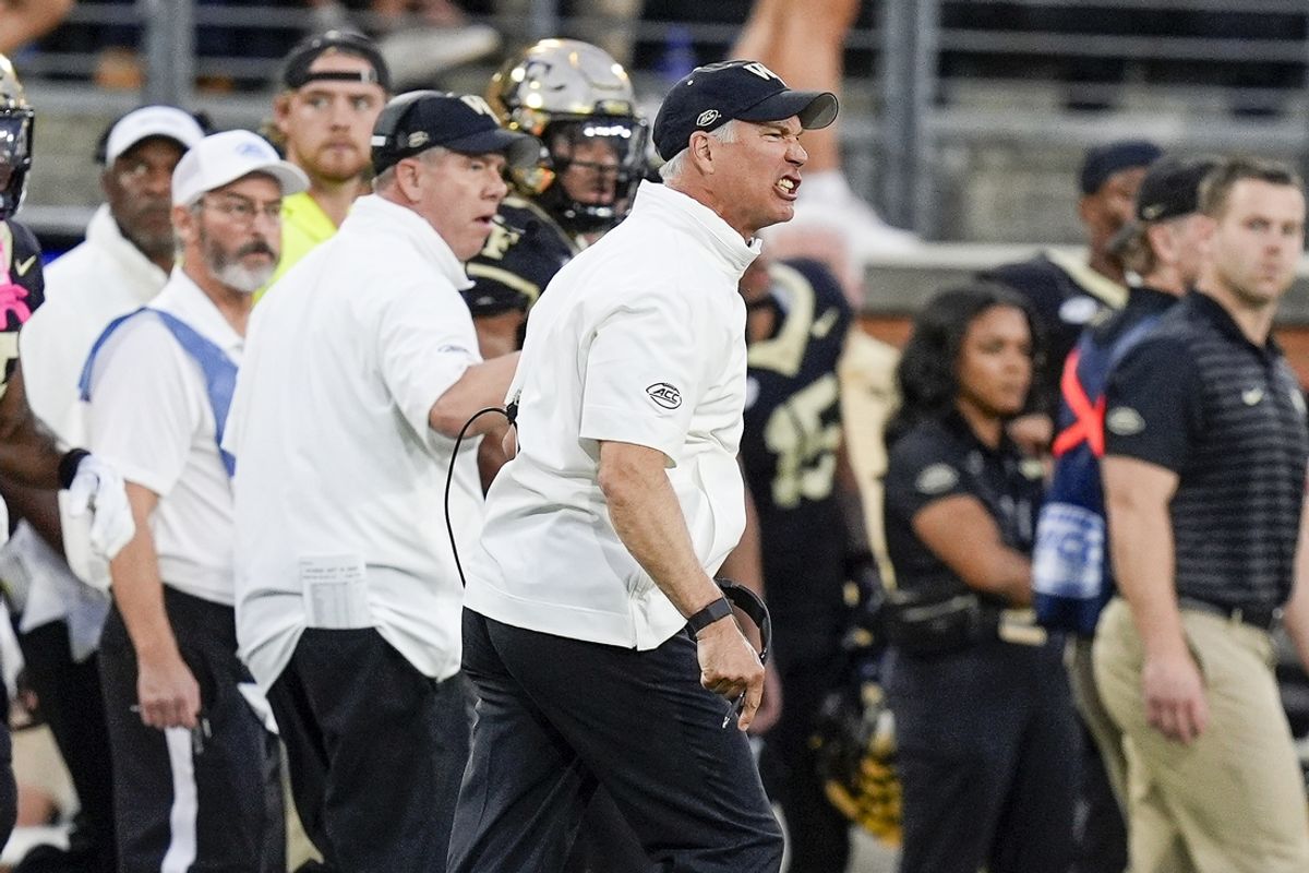 Sep 14, 2024; Winston-Salem, North Carolina, USA;  Wake Forest Demon Deacons head coach Dave Clawson reacts after a call during the first half against the Mississippi Rebels at Allegacy Federal Credit Union Stadium. Mandatory Credit: Jim Dedmon-Imagn Images