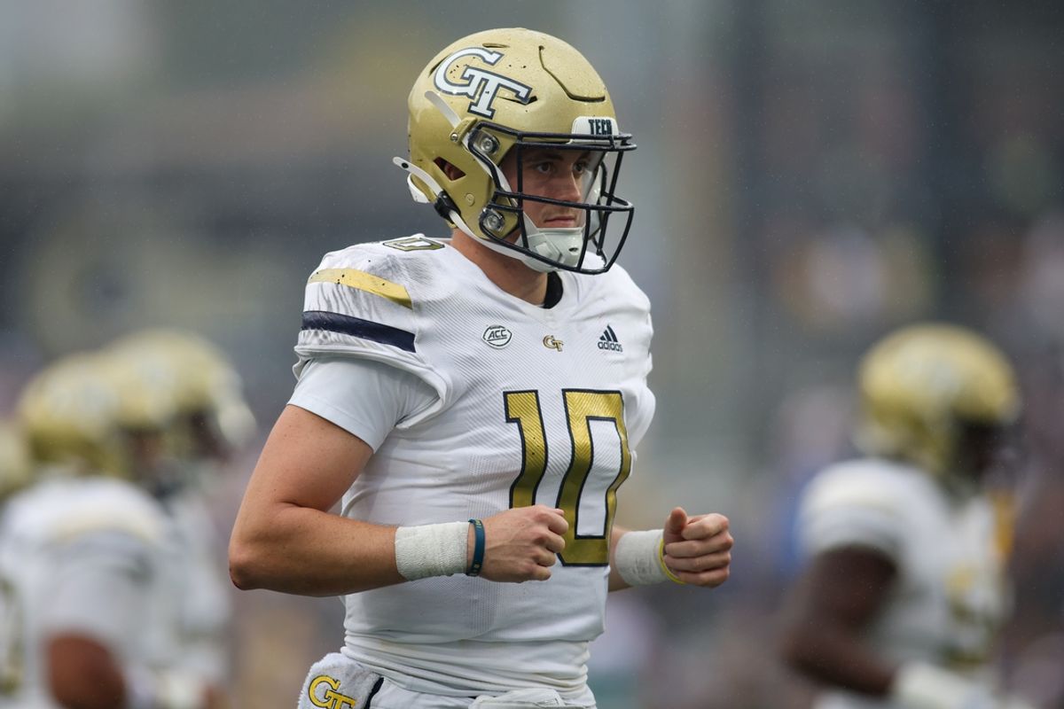 Sep 14, 2024; Atlanta, Georgia, USA; Georgia Tech Yellow Jackets quarterback Haynes King (10) celebrates after a touchdown throw against the Virginia Military Institute Keydets in the second quarter at Bobby Dodd Stadium at Hyundai Field. Mandatory Credit: Brett Davis-Imagn Images
