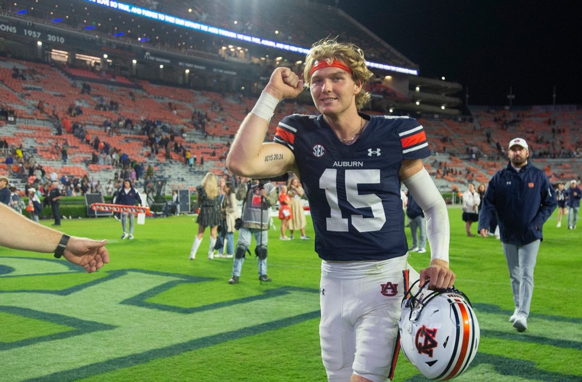 Auburn Tigers quarterback Hank Brown (15) walks off the field after the game as Auburn Tigers take on New Mexico Lobos at Jordan-Hare Stadium in Auburn, Ala., on Saturday, Sept. 14, 2024. Auburn Tigers defeated New Mexico Lobos 45-19.