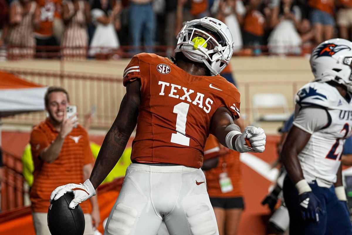Texas Longhorns receiver Johntay Cook II (1) celebrates a touchdown catch during the game against UTSA at Darrell K Royal-Texas Memorial Stadium in Austin Saturday, Sept. 14, 2024.