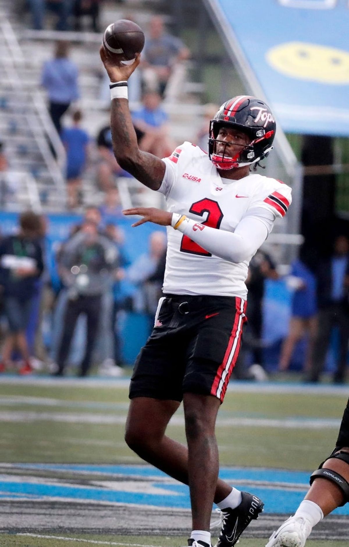 Western Kentucky quarterback TJ Finley (2) passes the ball during the rivalry football game against Middle Tennessee at MTSU, on Saturday, Sept. 14, 2024.