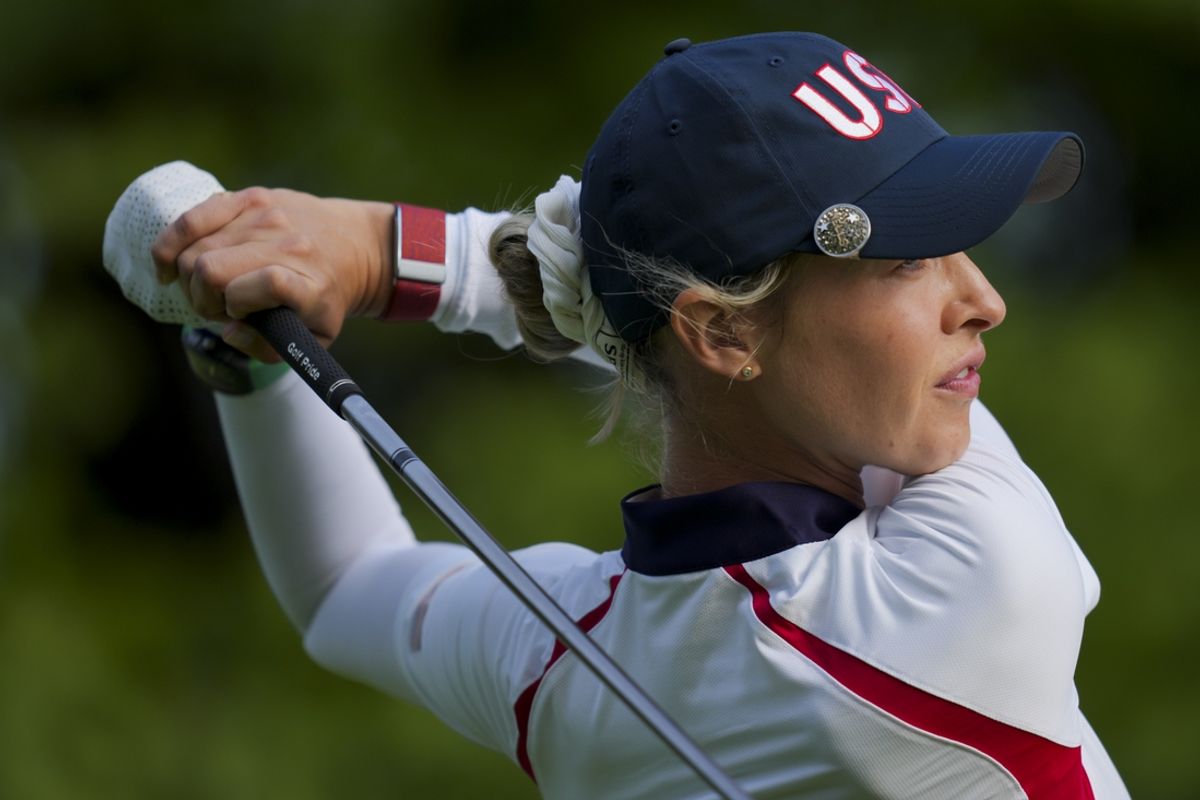 Sep 15, 2024; Gainesville, Virginia, USA; Nelly Korda of Team USA plays her shot from the third tee during single matches against Team Europe during the Solheim Cup 2024 at Robert Trent Jones Golf Club. Mandatory Credit: Aaron Doster-Imagn Images