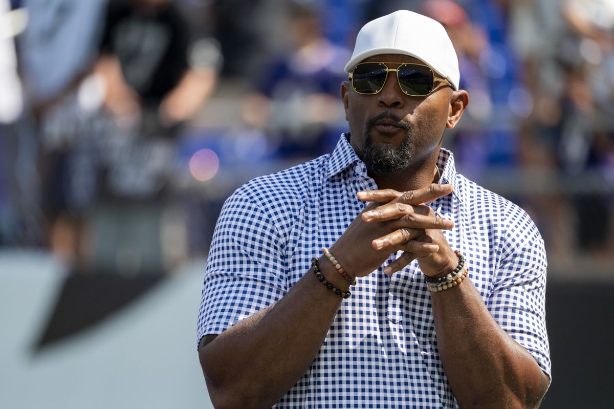 Sep 15, 2024; Baltimore, Maryland, USA;  National Football League member Ray Lewis stands on the field before the game between the Baltimore Ravens and the Las Vegas Raiders at M&T Bank Stadium. Mandatory Credit: Tommy Gilligan-Imagn Images