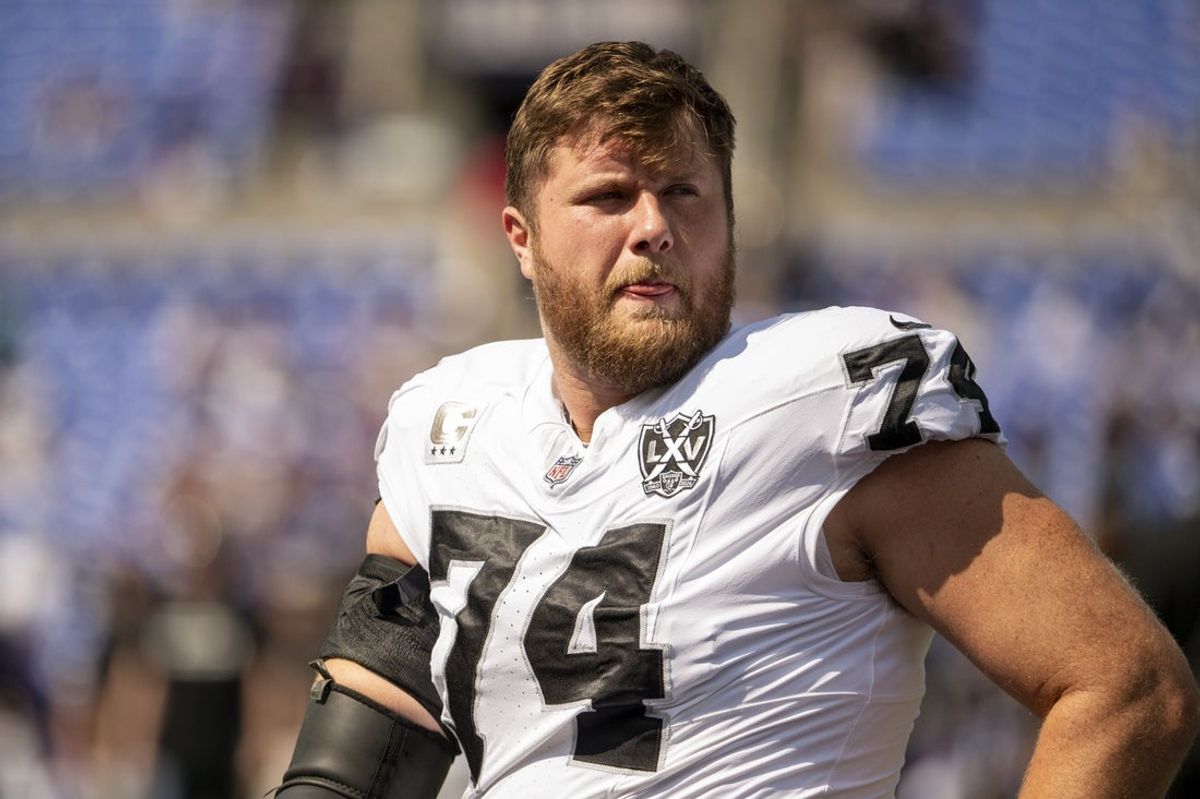 Sep 15, 2024; Baltimore, Maryland, USA;  Las Vegas Raiders offensive tackle Kolton Miller (74) before the game against the Baltimore Ravens at M&T Bank Stadium. Mandatory Credit: Tommy Gilligan-Imagn Images