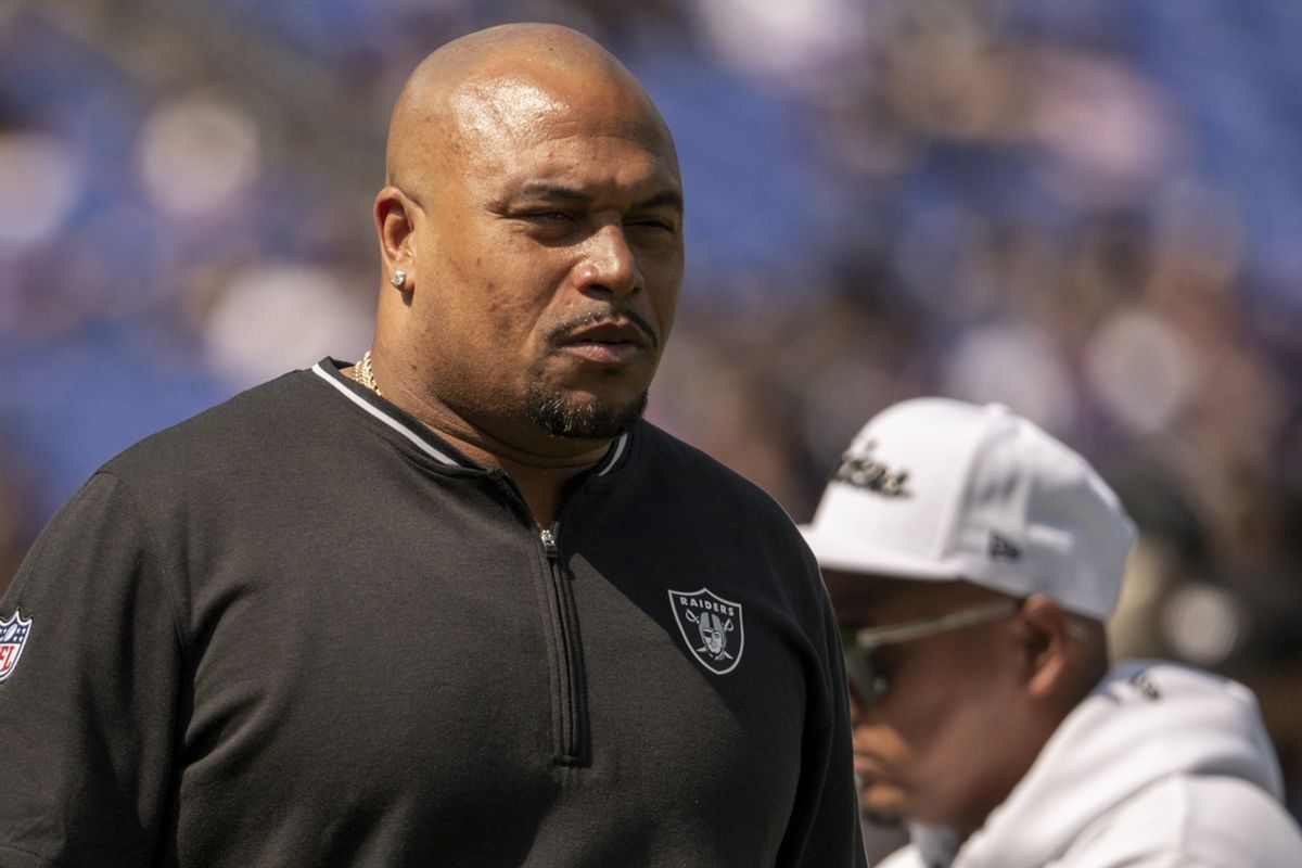 Sep 15, 2024; Baltimore, Maryland, USA;  Las Vegas Raiders head coach Antonio Pierce  walks the field before the game against the Baltimore Ravens  at M&T Bank Stadium. Mandatory Credit: Tommy Gilligan-Imagn Images
