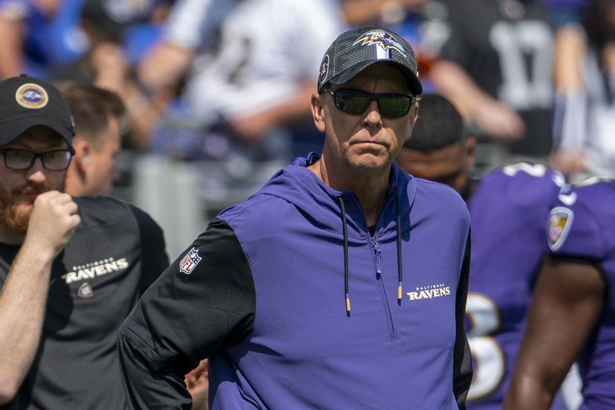 Sep 15, 2024; Baltimore, Maryland, USA; Baltimore Ravens coordinator Todd Monken on the field before the game against the Las Vegas Raiders  at M&T Bank Stadium. Mandatory Credit: Tommy Gilligan-Imagn Images