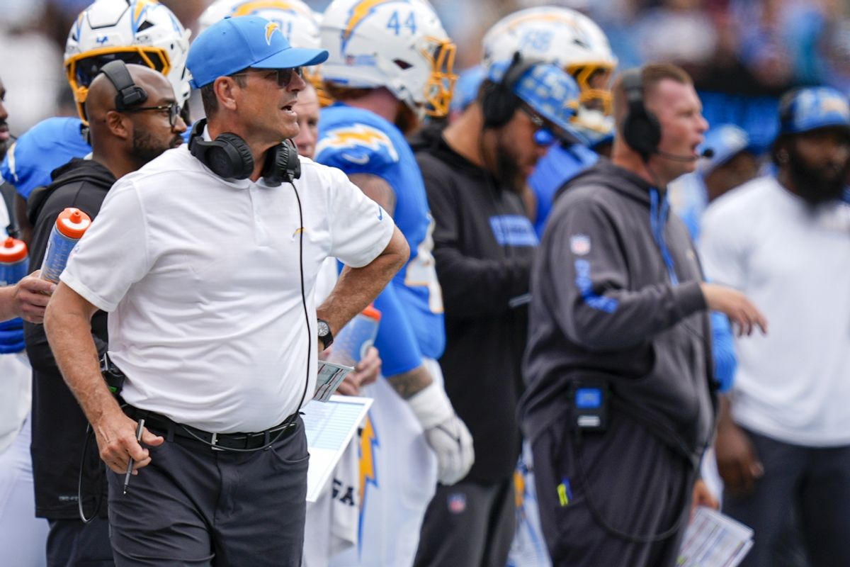 Sep 15, 2024; Charlotte, North Carolina, USA; Los Angeles Chargers head coach John Harbaugh during the first quarter against the Carolina Panthers at Bank of America Stadium. Mandatory Credit: Jim Dedmon-Imagn Images