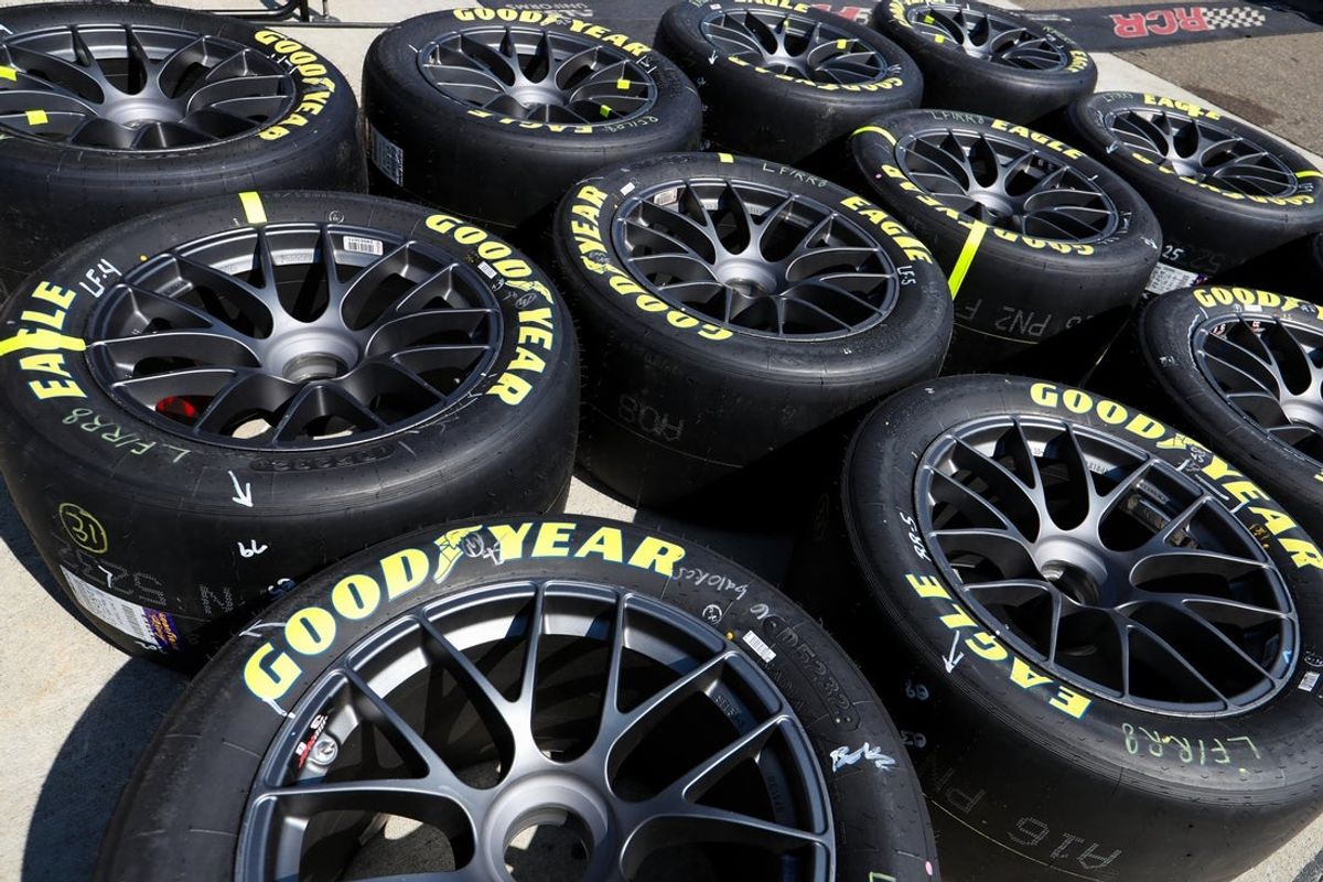 Sep 15, 2024; Watkins Glen, New York, USA; A general view of Goodyear Eagle racing tires on pit road prior to the Go Bowling at The Glen at Watkins Glen International. Mandatory Credit: Matthew O'Haren-Imagn Images