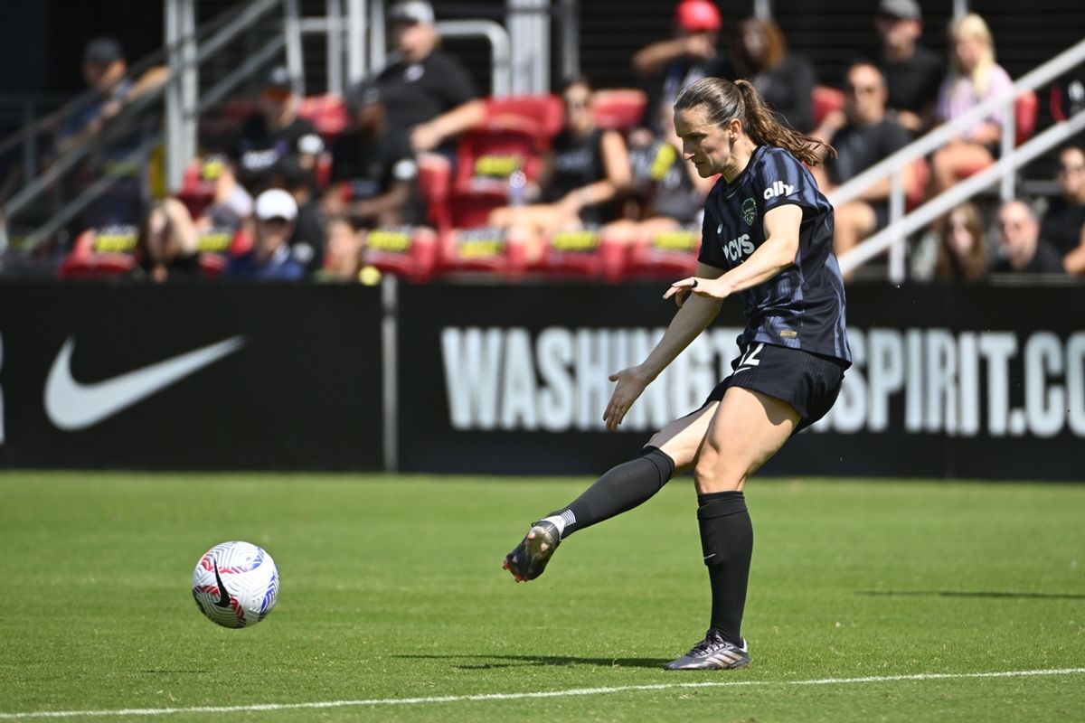 Sep 15, 2024; Washington, District of Columbia, USA; Washington Spirit midfielder Andi Sullivan (12) kicks the ball against the Houston Dash during the first half at Audi Field. Mandatory Credit: Brad Mills-Imagn Images