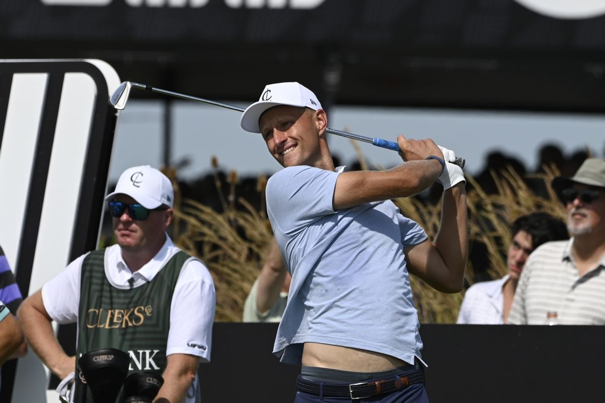 Sep 15, 2024; Bolingbrook, Illinois, USA; Adrian Meronk of the Cleeks GC on hole two during the final round of the LIV Golf Chicago tournament at Bolingbrook Golf Club. Mandatory Credit: Matt Marton-Imagn Images