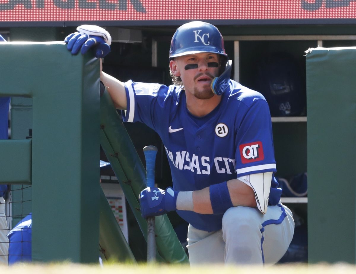 Sep 15, 2024; Pittsburgh, Pennsylvania, USA;  Kansas City Royals shortstop Bobby Witt Jr. (7) waits for his turn to bat on the dugout steps against the Pittsburgh Pirates during the fourth inning at PNC Park. Mandatory Credit: Charles LeClaire-Imagn Images