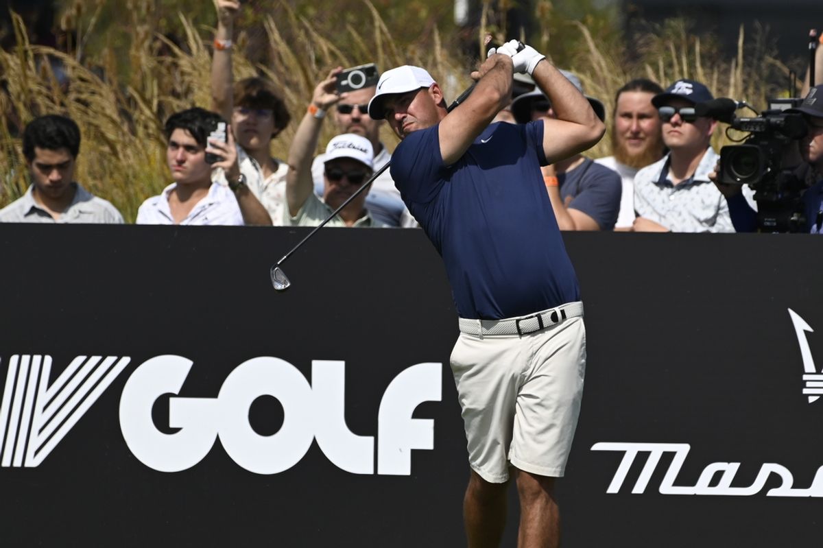 Sep 15, 2024; Bolingbrook, Illinois, USA; Brooks Koepka of the Smash GC tees off on the second hole during the final round of the LIV Golf Chicago tournament at Bolingbrook Golf Club. Mandatory Credit: Matt Marton-Imagn Images