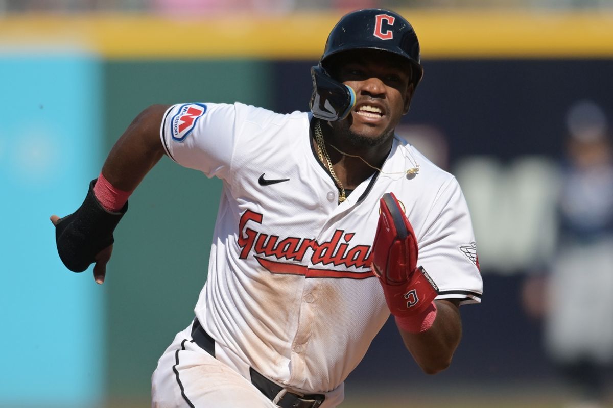 Sep 15, 2024; Cleveland, Ohio, USA; Cleveland Guardians left fielder Angel Martinez (1) advances to third during the fifth inning against the Tampa Bay Rays at Progressive Field. Mandatory Credit: Ken Blaze-Imagn Images