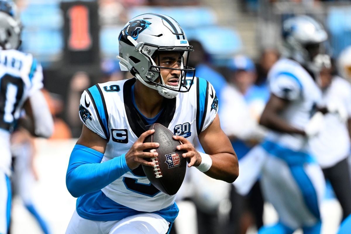 Sep 15, 2024; Charlotte, North Carolina, USA; Carolina Panthers quarterback Bryce Young (9) prepares to pass in the third quarter at Bank of America Stadium. Mandatory Credit: Bob Donnan-Imagn Images