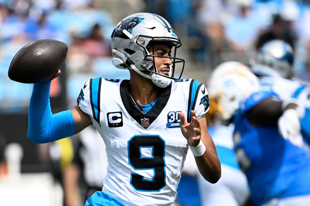 Sep 15, 2024; Charlotte, North Carolina, USA; Carolina Panthers quarterback Bryce Young (9) prepares to pass in the third quarter at Bank of America Stadium. Mandatory Credit: Bob Donnan-Imagn Images