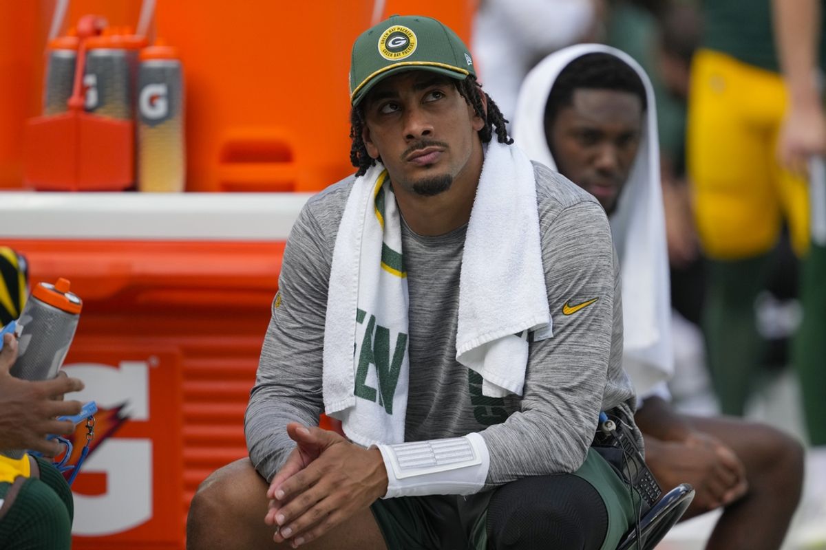 Sep 15, 2024; Green Bay, Wisconsin, USA;  Green Bay Packers quarterback Jordan Love looks on from the sidelines during the fourth quarter against the Indianapolis Colts at Lambeau Field. Mandatory Credit: Jeff Hanisch-Imagn Images