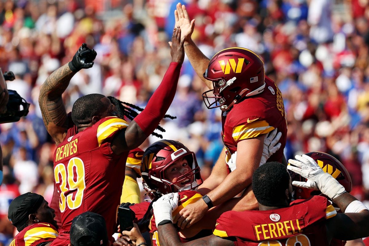 Sep 15, 2024; Landover, Maryland, USA; Washington Commanders place kicker Austin Seibert (3) celebrates with his teammates after making the game winning field goal against the New York Giants at Commanders Field. Mandatory Credit: Peter Casey-Imagn Images