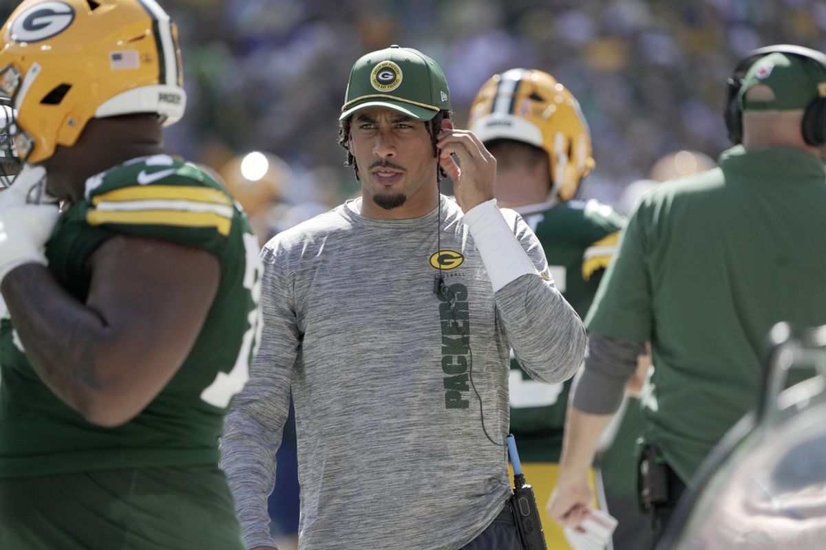Sep 15, 2024; Green Bay, Wisconsin, USA;  Green Bay Packers quarterback Jordan Love who is out injured during the first quarter of their game against the Indianapolis Colts at Lambeau Field. Mandatory Credit: Mark Hoffman/USA TODAY Network via Imagn Images