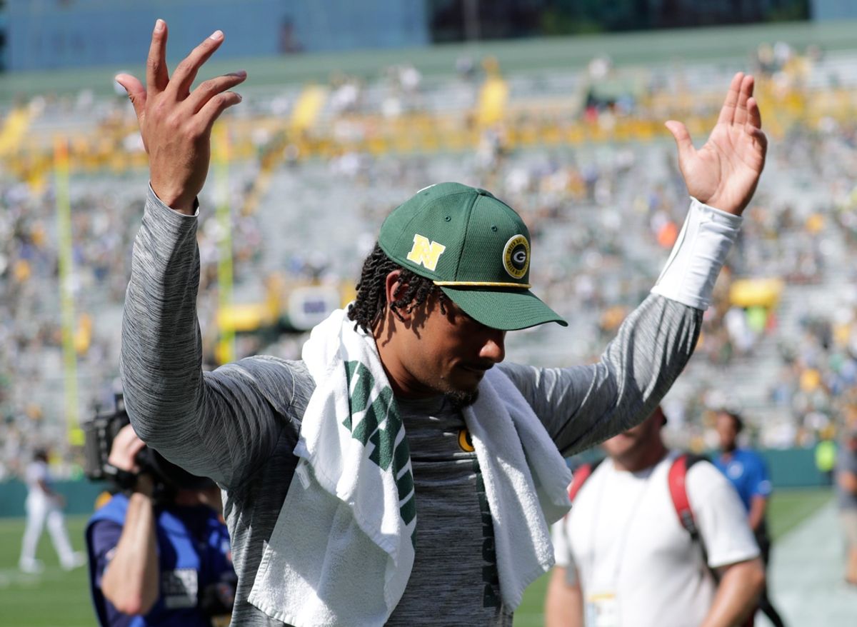 Green Bay Packers quarterback Jordan Love (10) celebrates a 16-10 victory agianst the Indianapolis Colts during their football game Sunday, September 15, 2024, at Lambeau Field in Green Bay, Wisconsin.