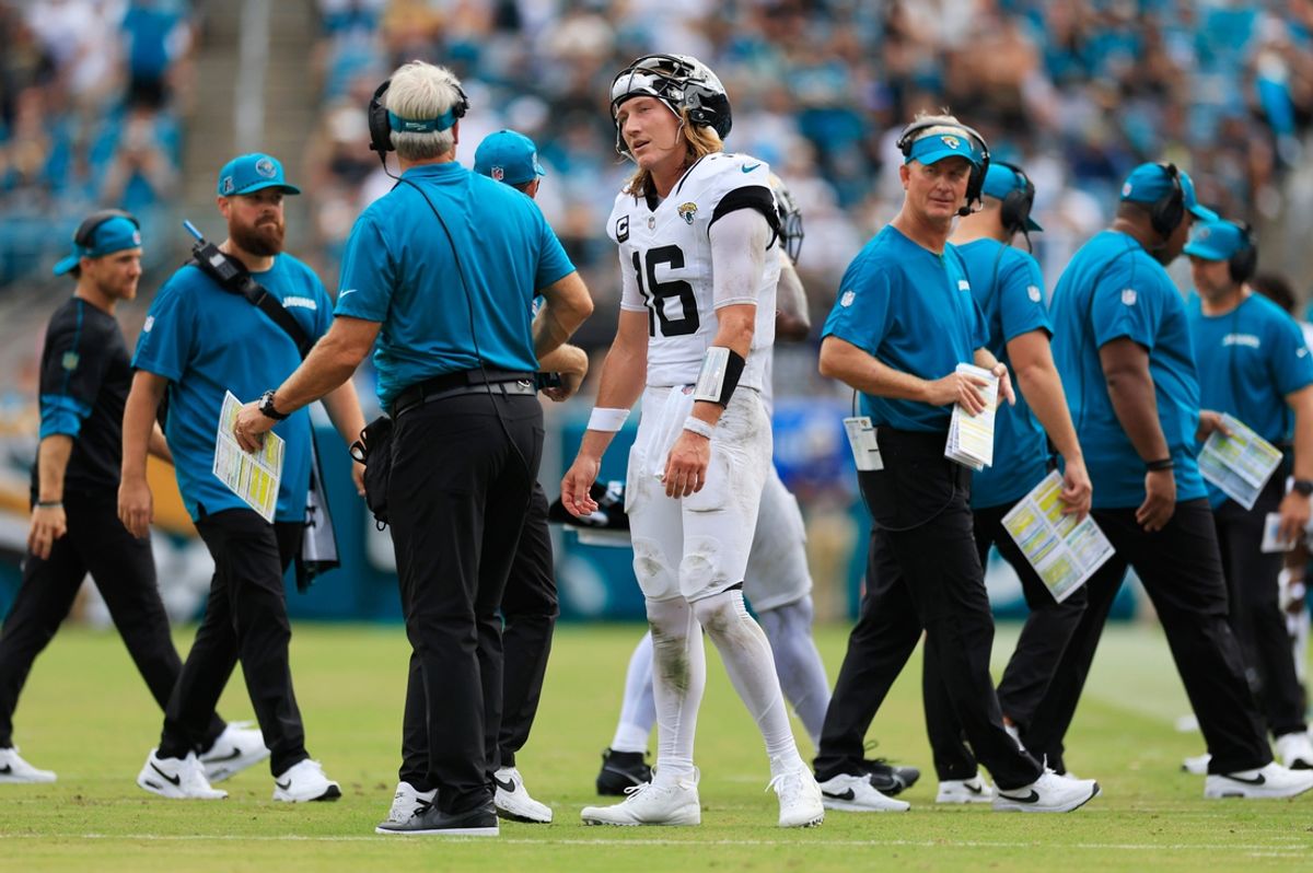 Jacksonville Jaguars quarterback Trevor Lawrence (16) talks with head coach Doug Pederson during the fourth quarter of an NFL football matchup Sunday, Sept. 15, 2024 at EverBank Stadium in Jacksonville, Fla. The Browns defeated the Jaguars 18-13. [Corey Perrine/Florida Times-Union]