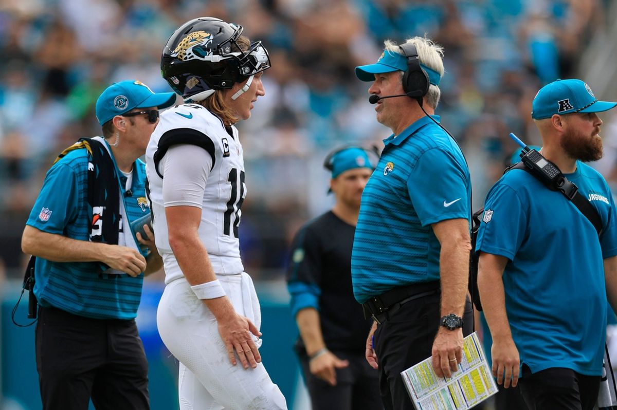 Jacksonville Jaguars quarterback Trevor Lawrence (16) talks with head coach Doug Pederson during the fourth quarter of an NFL football matchup Sunday, Sept. 15, 2024 at EverBank Stadium in Jacksonville, Fla. The Browns defeated the Jaguars 18-13. [Corey Perrine/Florida Times-Union]