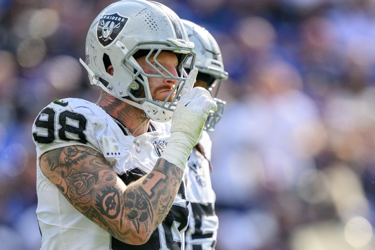 Sep 15, 2024; Baltimore, Maryland, USA; Las Vegas Raiders defensive end Maxx Crosby (98) celebrates after a sack during the second half against the Baltimore Ravens at M&T Bank Stadium. Mandatory Credit: Reggie Hildred-Imagn Images