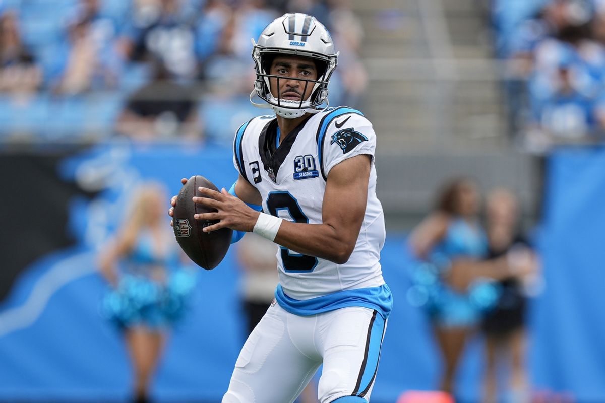 Sep 15, 2024; Charlotte, North Carolina, USA; Carolina Panthers quarterback Bryce Young (9) throws against the Los Angeles Chargers during the second half at Bank of America Stadium. Mandatory Credit: Jim Dedmon-Imagn Images